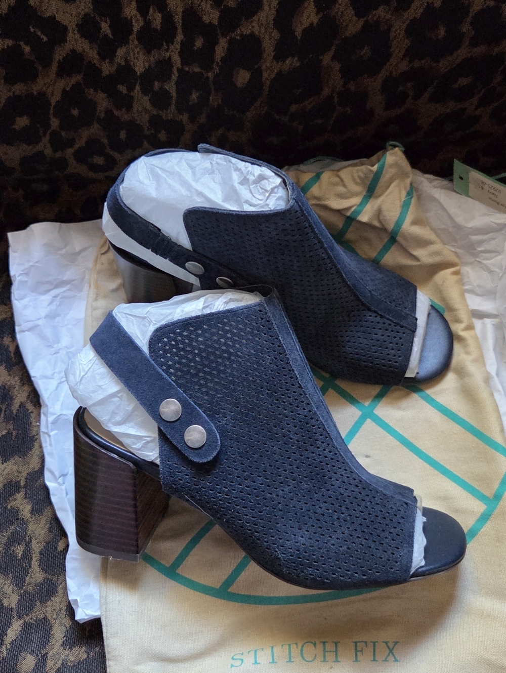 Women’s Navy Peep-Toe Suede Mules